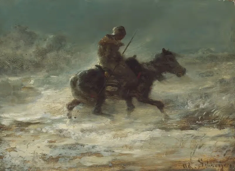 Мужчина с копьем, едущий по снегу by Адольф Шрайер, c. 1880 — digital art print download