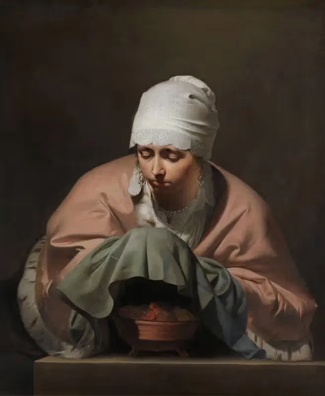 A Young Woman Warming her Hands over a Brazier — Caesar Van Everdingen