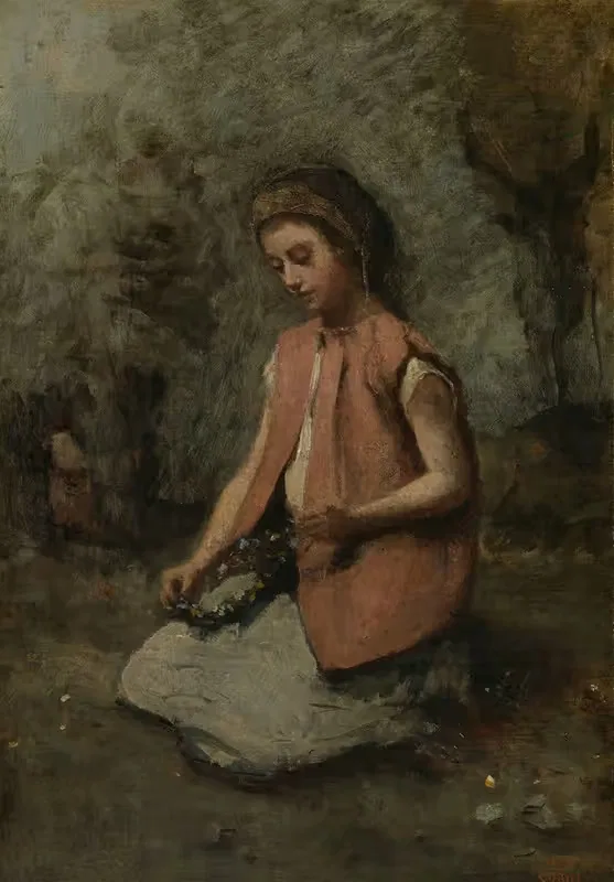 Girl Weaving a Garland — Jean-Baptiste-Camille Corot