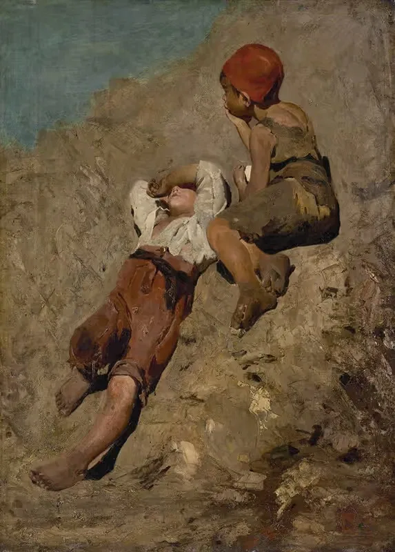 Два крестьянских мальчика на склоне by Франц фон Ленбах, 1859 — digital art print download