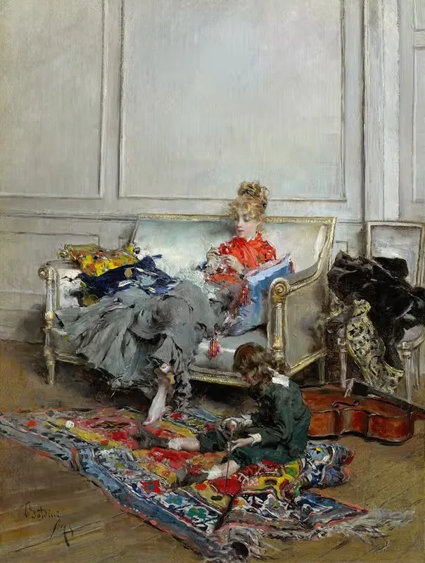 Молодая женщина, вяжущая крючком by Джованни Болдини, 1875 — digital art print download