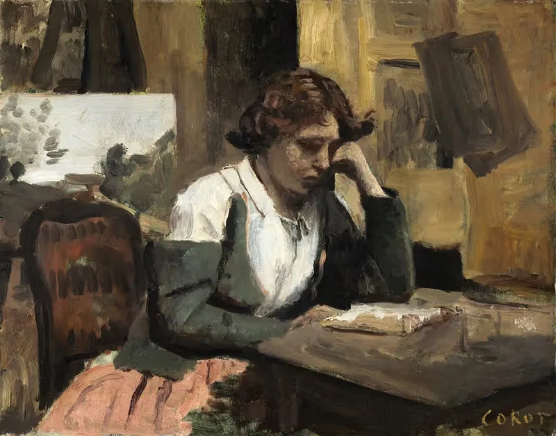 Женщина, читающая в студии by Жан-Батист-Камиль Коро, c. 1868 — digital art print download