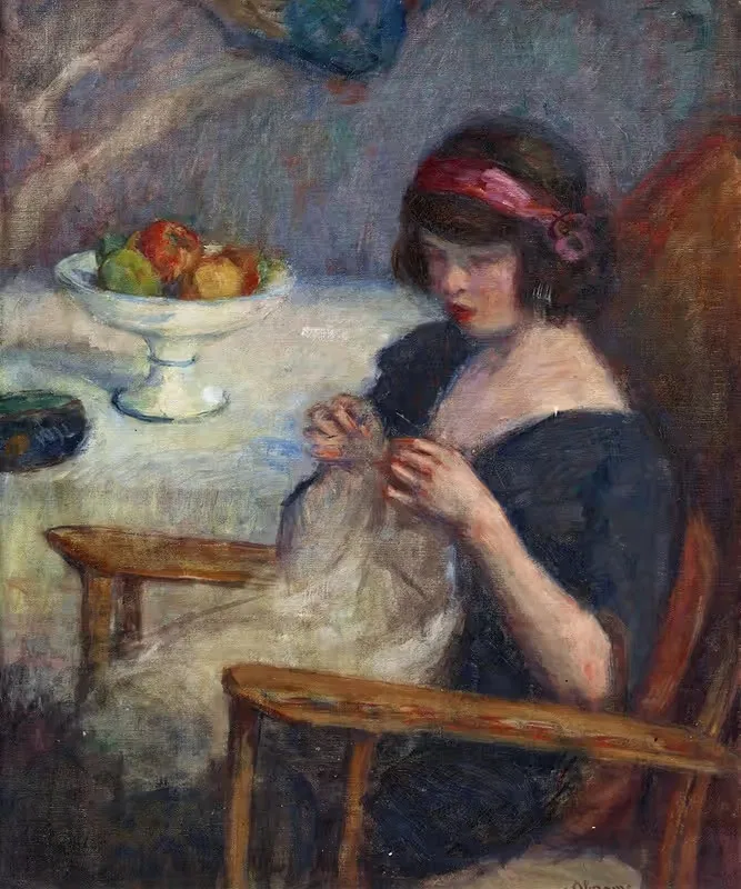 Девушка за шитьем by Люсьен Абрамс, c. 1920 — digital art print download