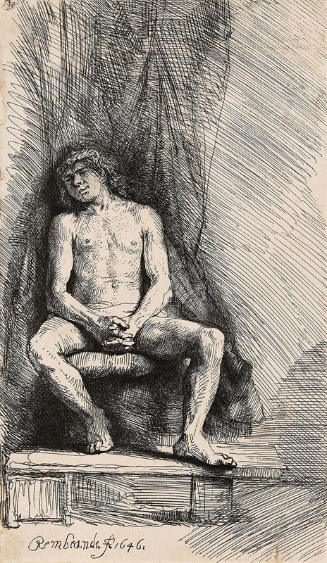 Nude Man Seated before a Curtain by Рембрандт ван Рейн, 1646 — digital art print download