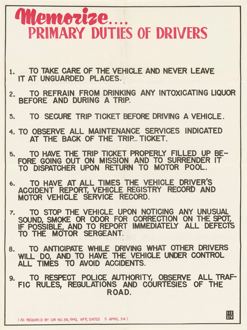 Primary Duties of Drivers by Агентство информации США, 1954 — digital art print download