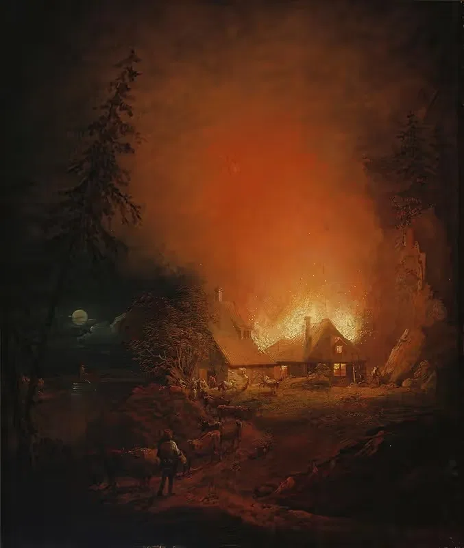 Пожар ночью в крестьянском доме by Александр Лауреус, 1809 — digital art print download