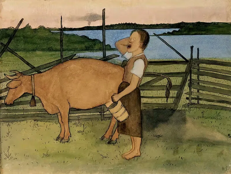 Утреннее доение by Хуго Симберг, 1895 — digital art print download