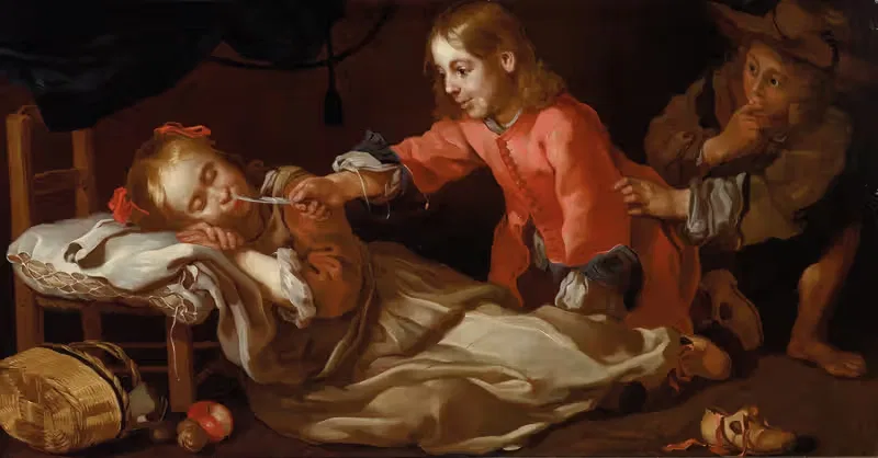 Sleeping girl with two children playing — Bernhard Keil