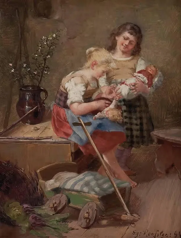 Две девочки с куклами by Георг Рёсслер, 1894 — digital art print download