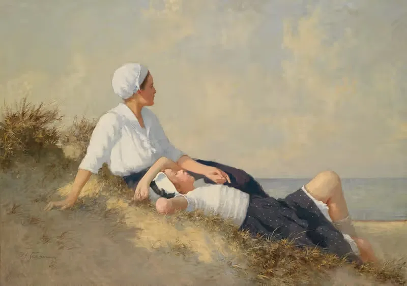 Mutter und Tochter am Strand by Hermann Seeger — digital art print download