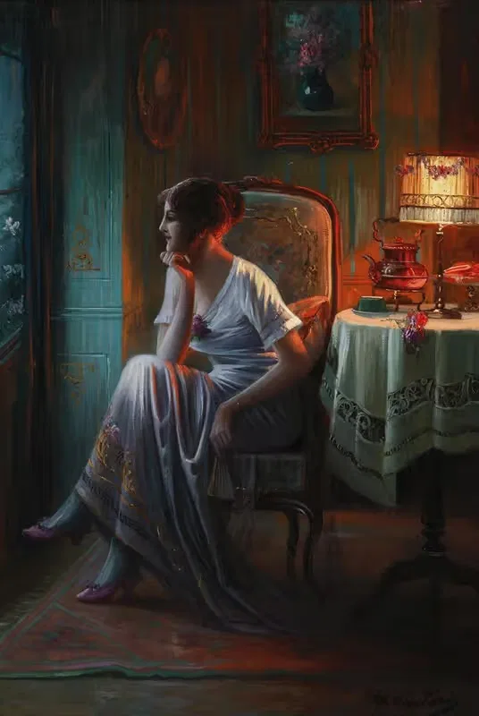 Junge Frau im Lampenschein — Max Carlier
