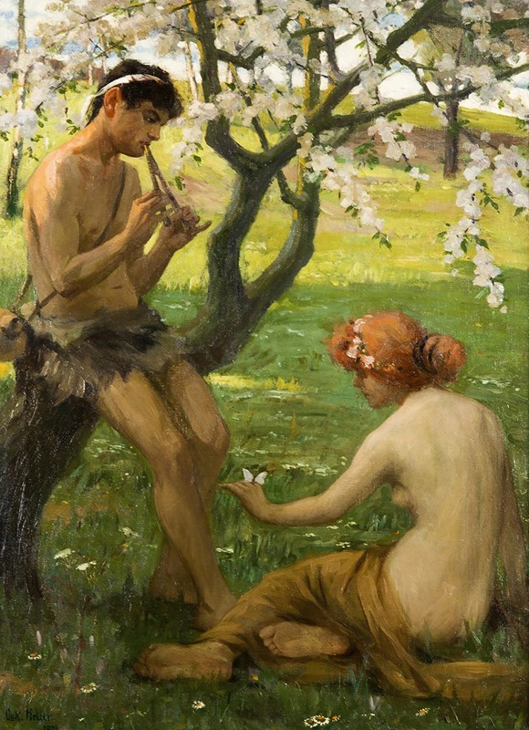Весна, пара в яблоневом саду by Оскар Хеллер — digital art print download
