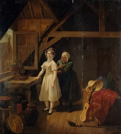 Горничная, шьющая даму в корсет by Константинус Фиделио Коэне — digital art print download