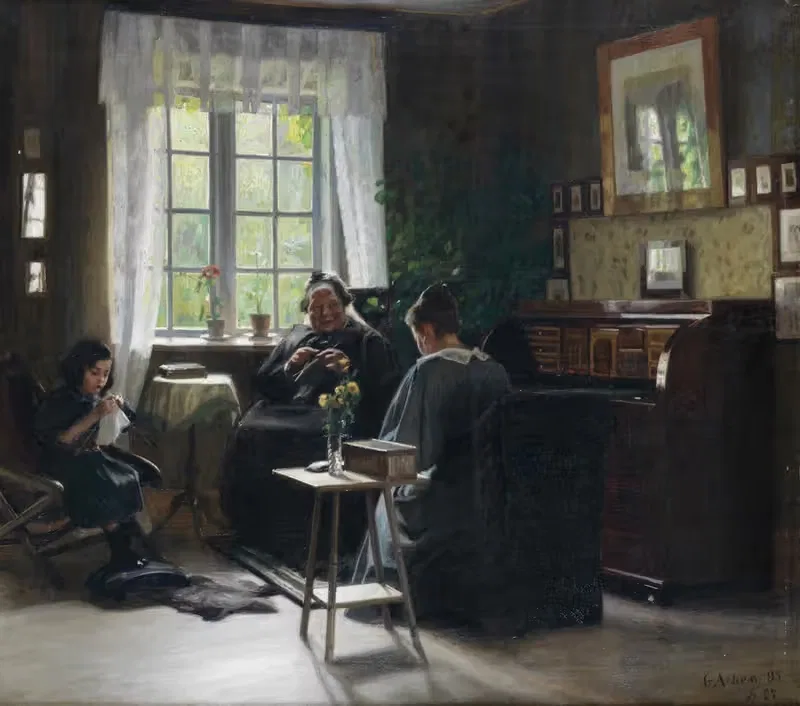 Мать, дочь и внук вяжут by Георг Ахен, 1897 — digital art print download