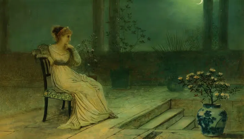 Классическая дева, сидящая на террасе при лунном свете by Джон Аткінсон Гримшоу — digital art print download
