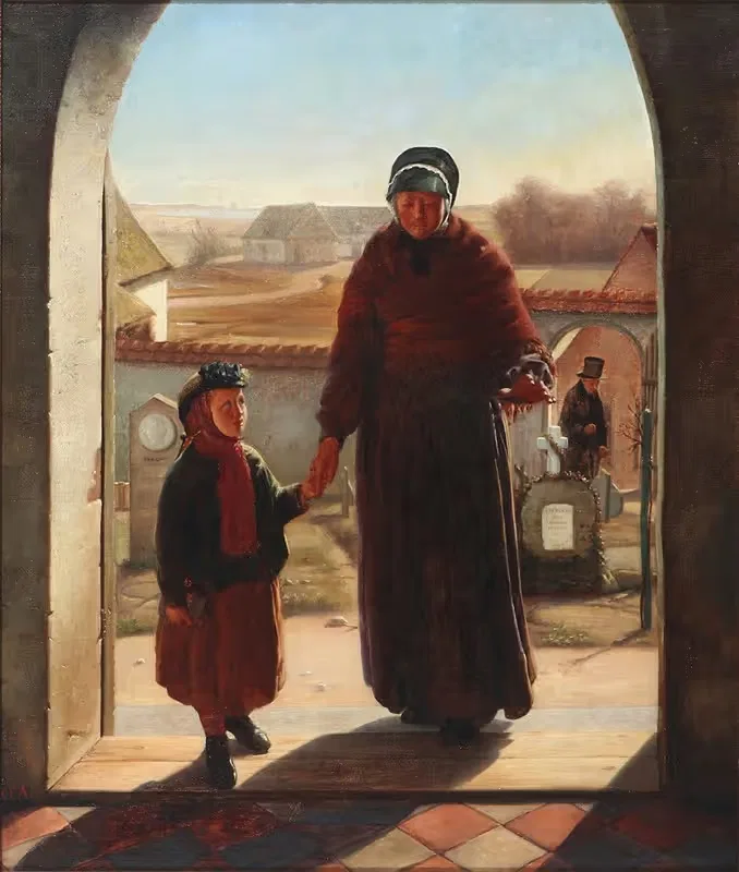 Moder og barn ved indgangen til kirken — Carl Ferdinand Andersen