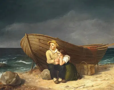 Børn, der søger ly ved en båd på stranden by Christian Andreas Schleisner, 1854 — digital art print download