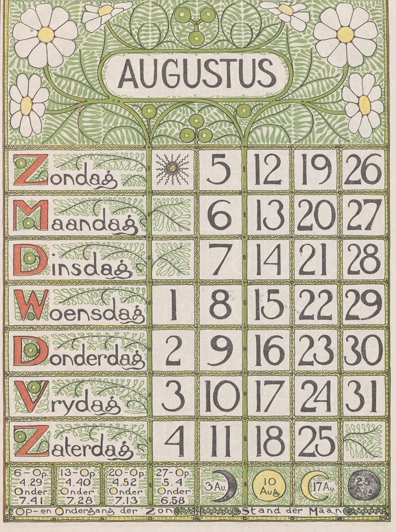 Kalenderblad augustus 1900 by Тео Нивенхейс, 1900 — digital art print download