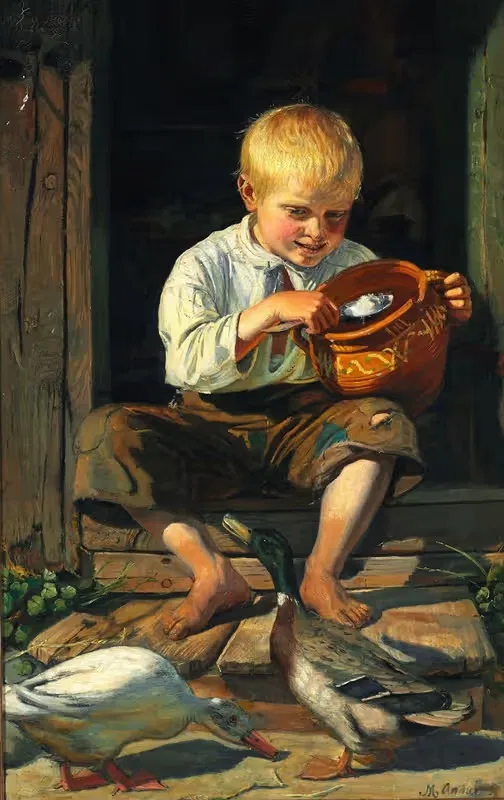 Молодой человек кормит уток by Майкл Анчер, 1879 — digital art print download