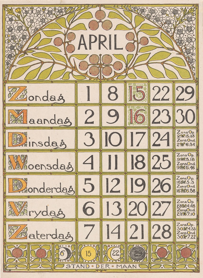 Kalenderblad voor april 1900 by Тео Нивенхейс, 1899 — digital art print download