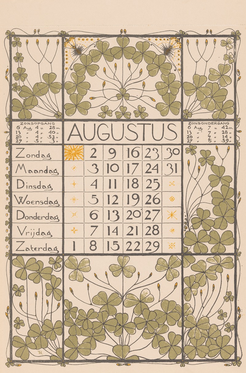 Kalenderblad voor augustus 1896 by Тео Нивенхейс, 1895 — digital art print download