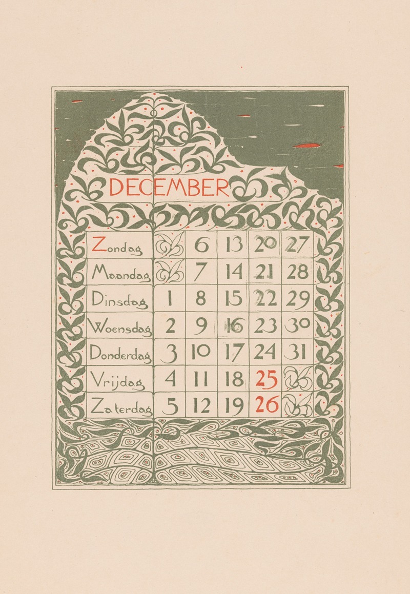 Kalenderblad voor december 1896 by Тео Нивенхейс, 1895 — digital art print download