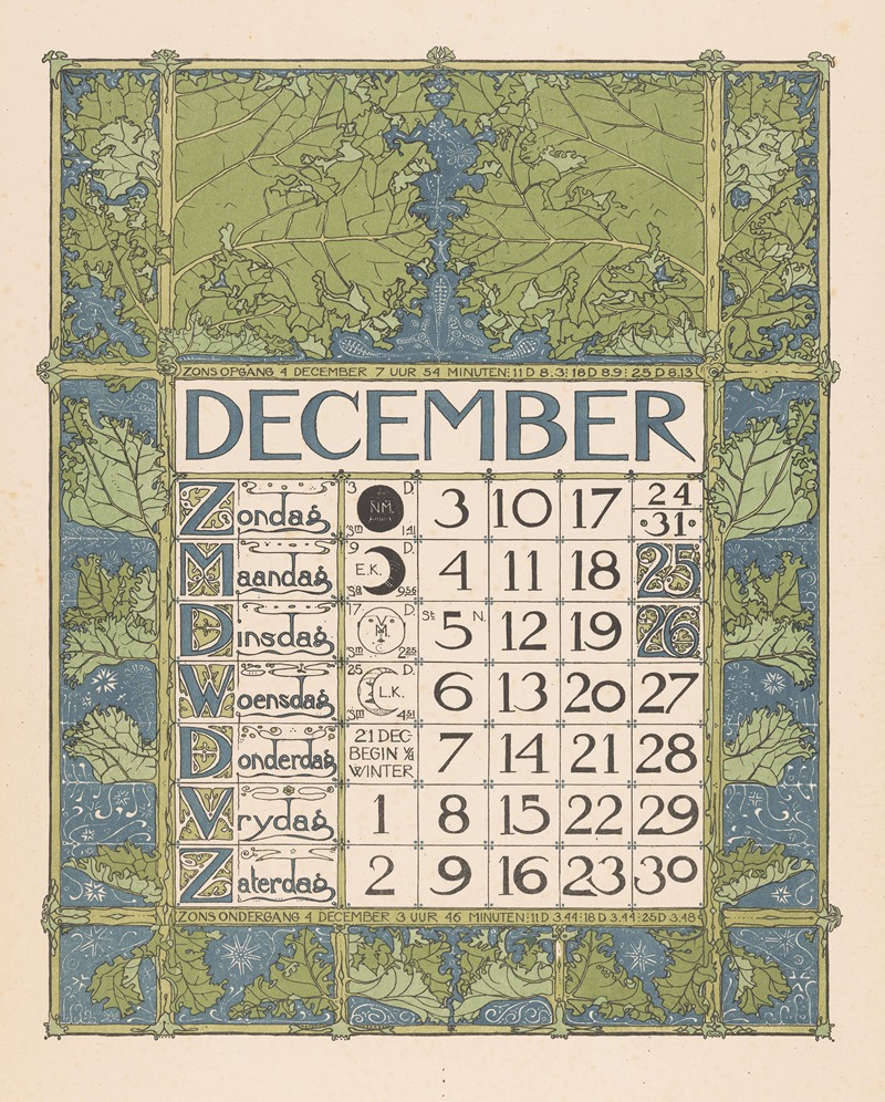Kalenderblad voor december 1899 by Тео Нивенхейс, 1898 — digital art print download