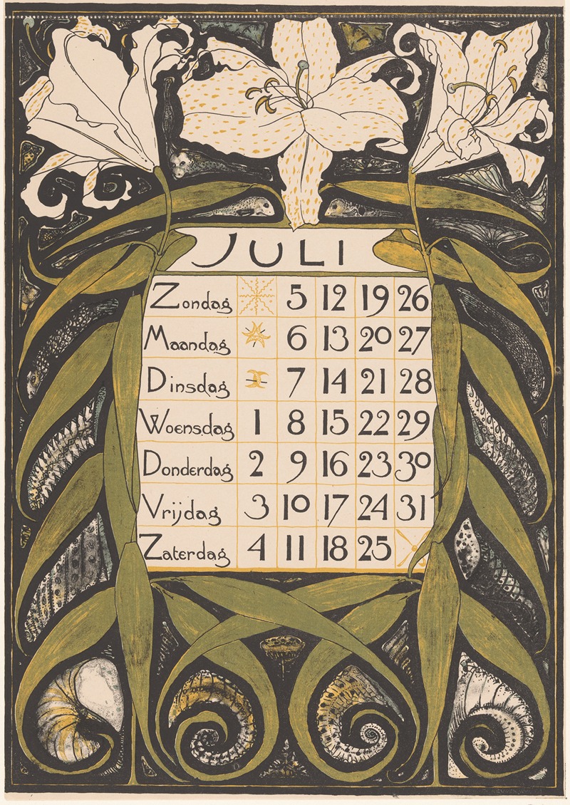 Kalenderblad voor juli 1896 by Тео Нивенхейс, 1895 — digital art print download