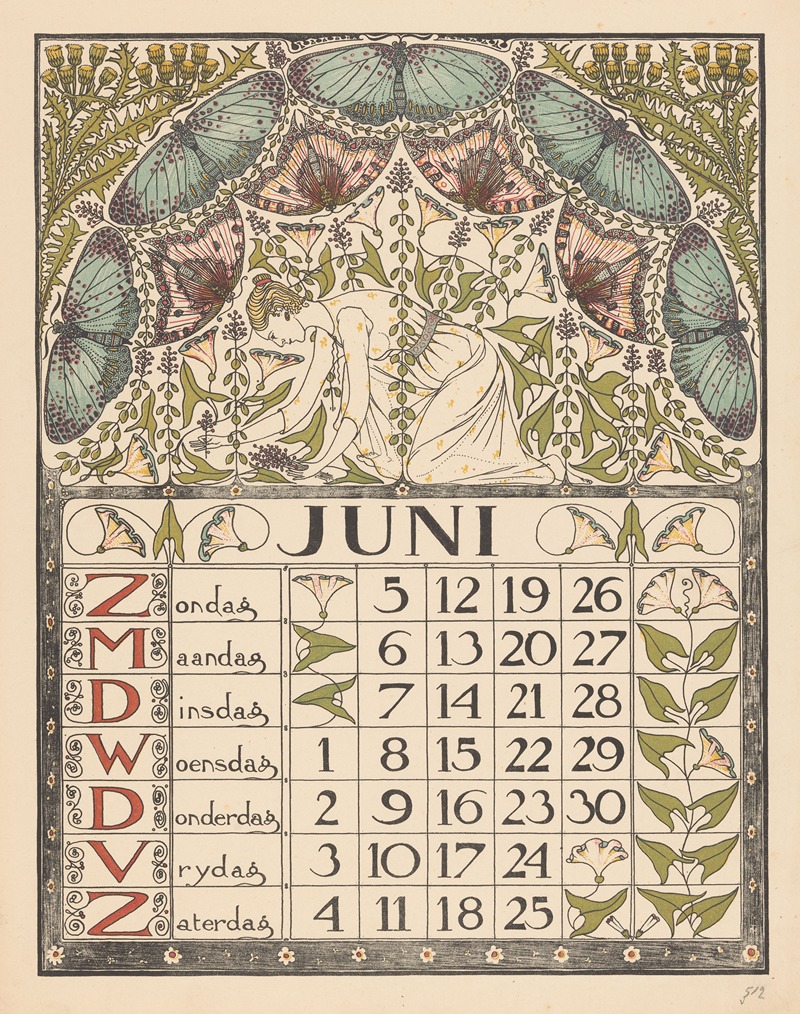 Kalenderblad voor juni 1898 by Тео Нивенхейс, 1897 — digital art print download