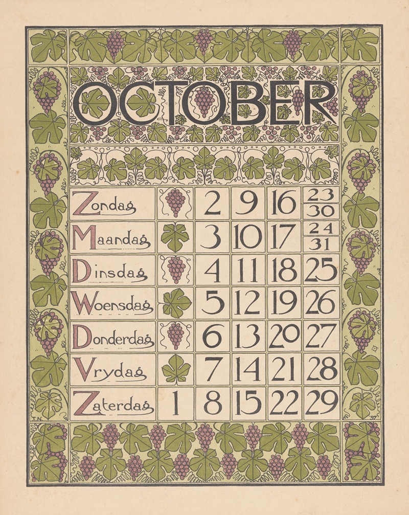 Kalenderblad voor oktober 1898 — Theo Nieuwenhuis