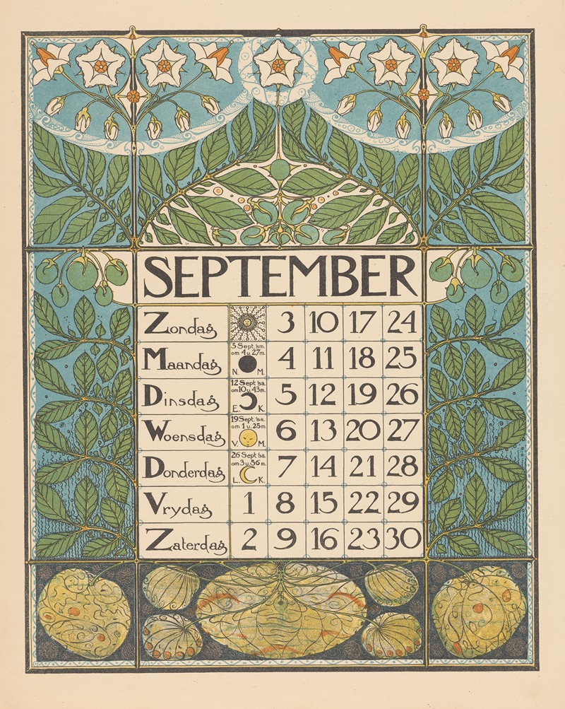 Kalenderblad voor september 1899 by Тео Нивенхейс, 1898 — digital art print download