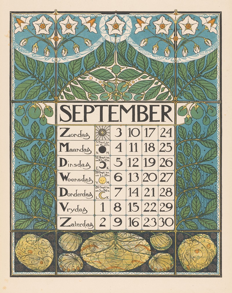 Kalenderblad voor september 1899 by Тео Нивенхейс, 1898 — digital art print download
