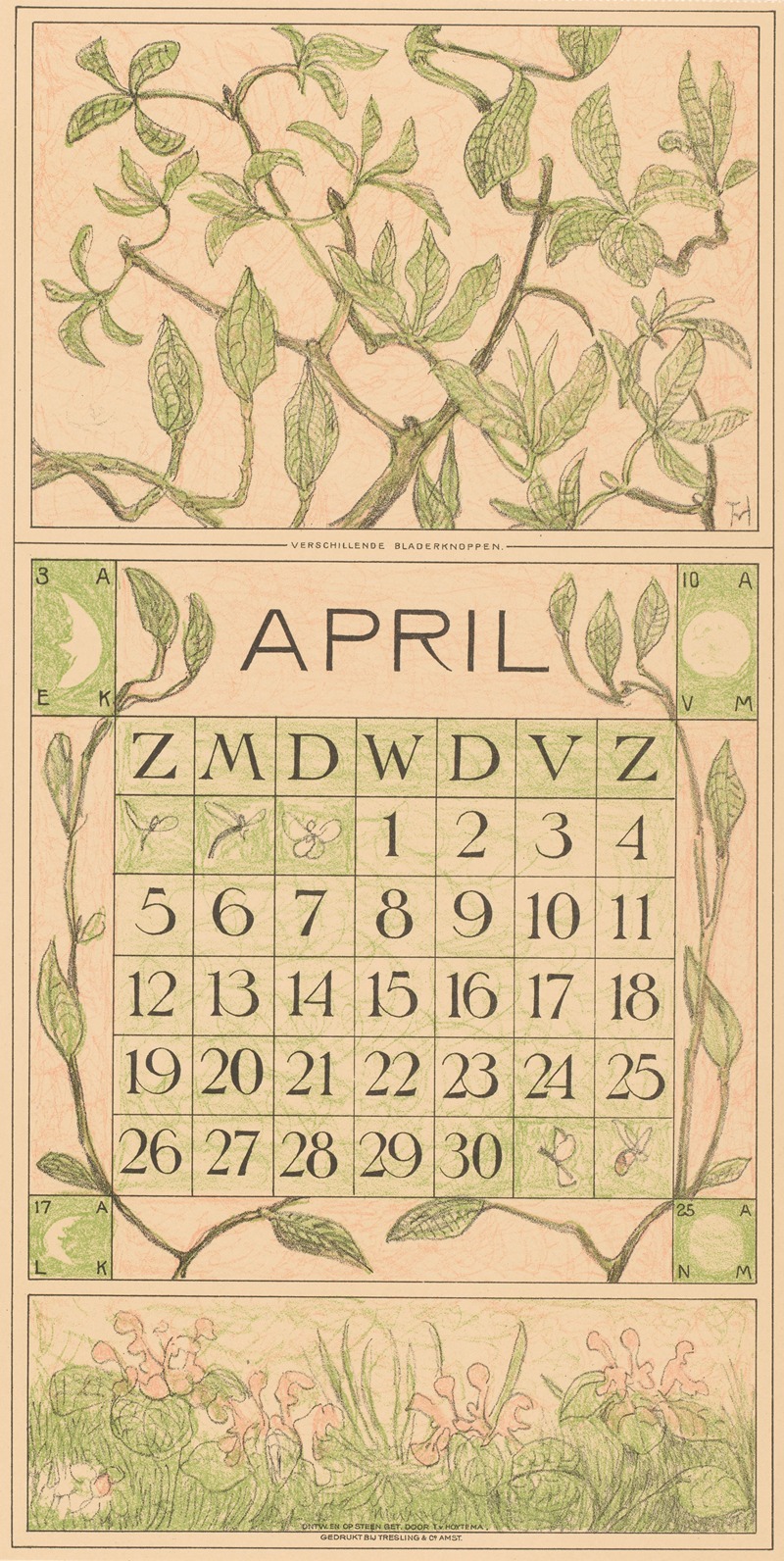 Kalenderblad april met bladeren by Тео ван Хойтема, 1913 — digital art print download