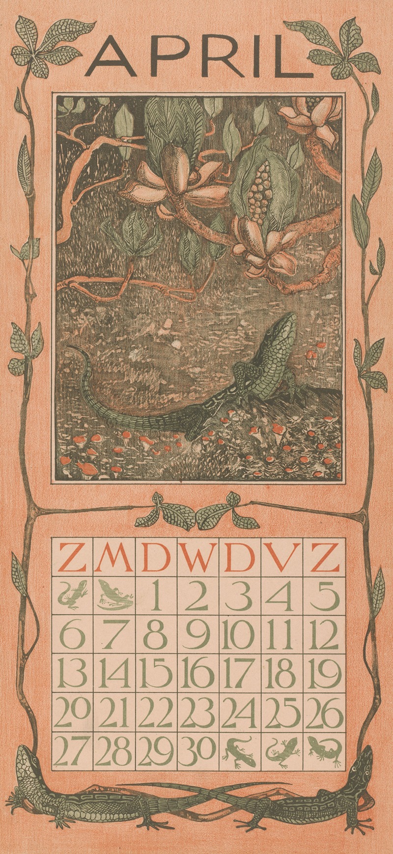 Kalenderblad april met een hagedis — Theo van Hoytema
