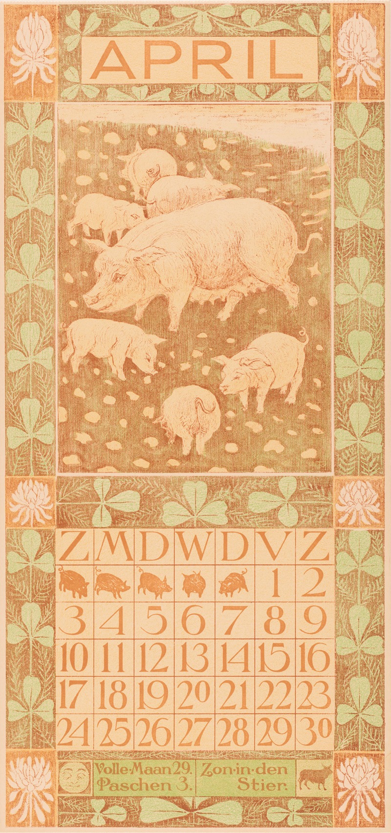 Kalenderblad april met varkens by Тео ван Хойтема, 1903 — digital art print download