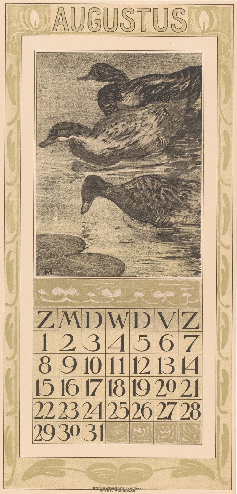 Kalenderblad augustus met drie zwemmende eenden by Тео ван Хойтема, 1908 — digital art print download