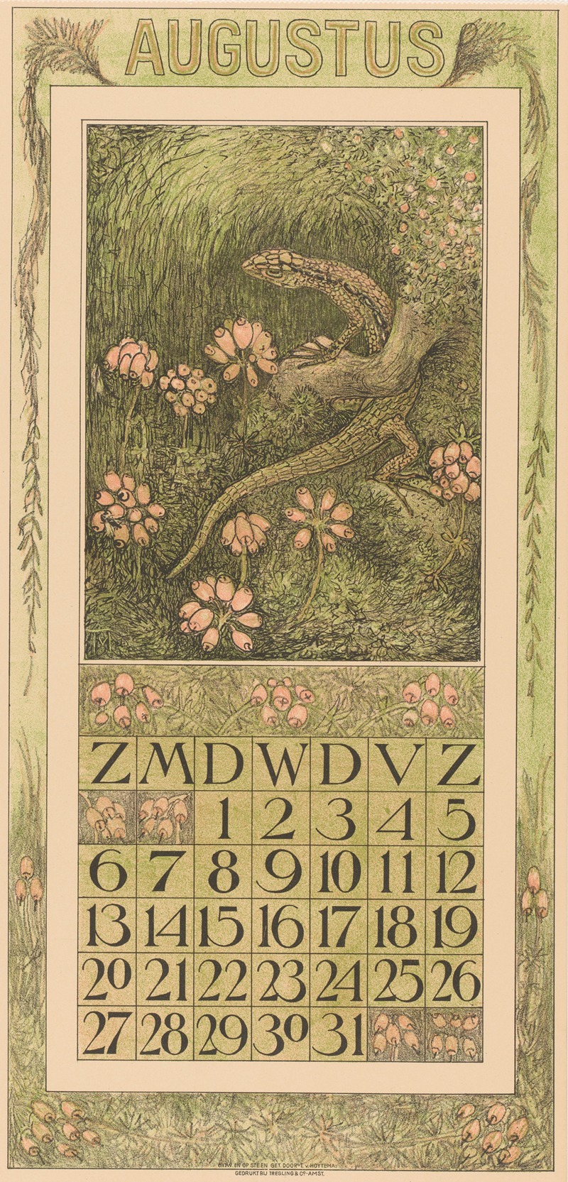 Kalenderblad augustus met hagedis en dopheide by Тео ван Хойтема, 1910 — digital art print download