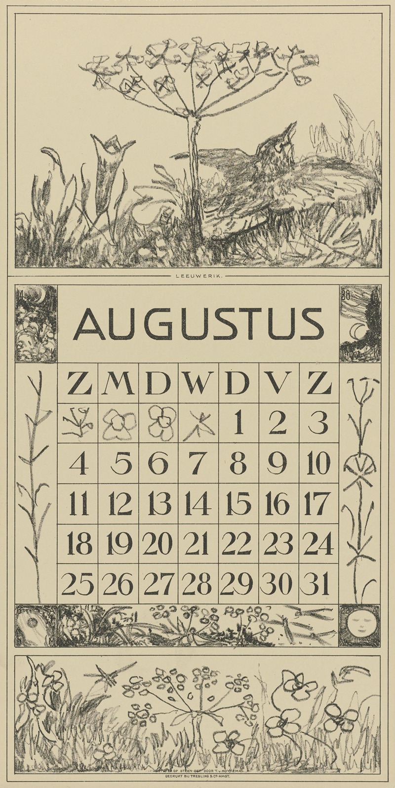 Kalenderblad augustus met leeuwerik en bloem — Theo van Hoytema