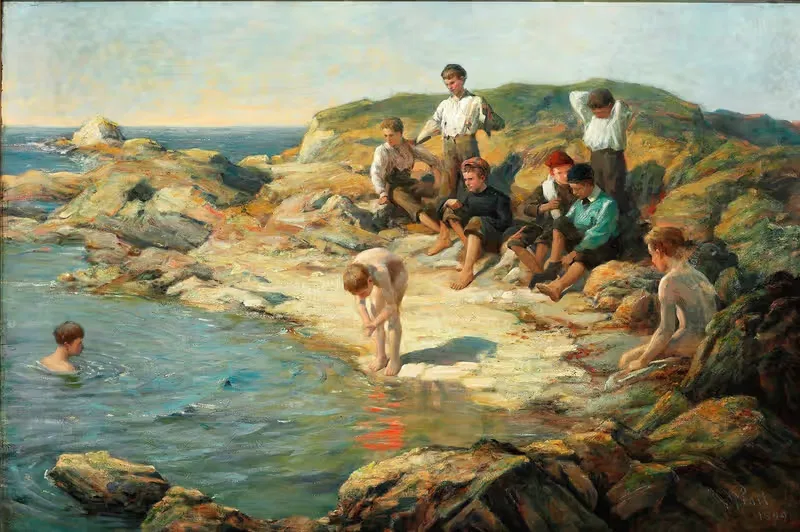 Boys swimming at a rocky coast — William Pratt