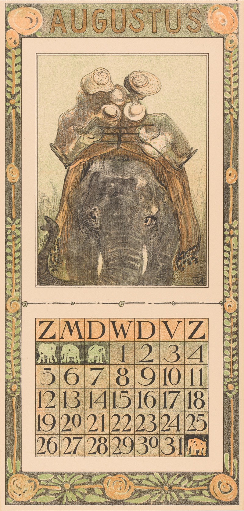 Kalenderblad augustus met olifant by Тео ван Хойтема, 1905 — digital art print download