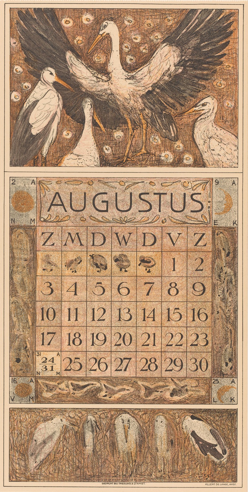 Kalenderblad augustus met ooievaars — Тео ван Хойтема