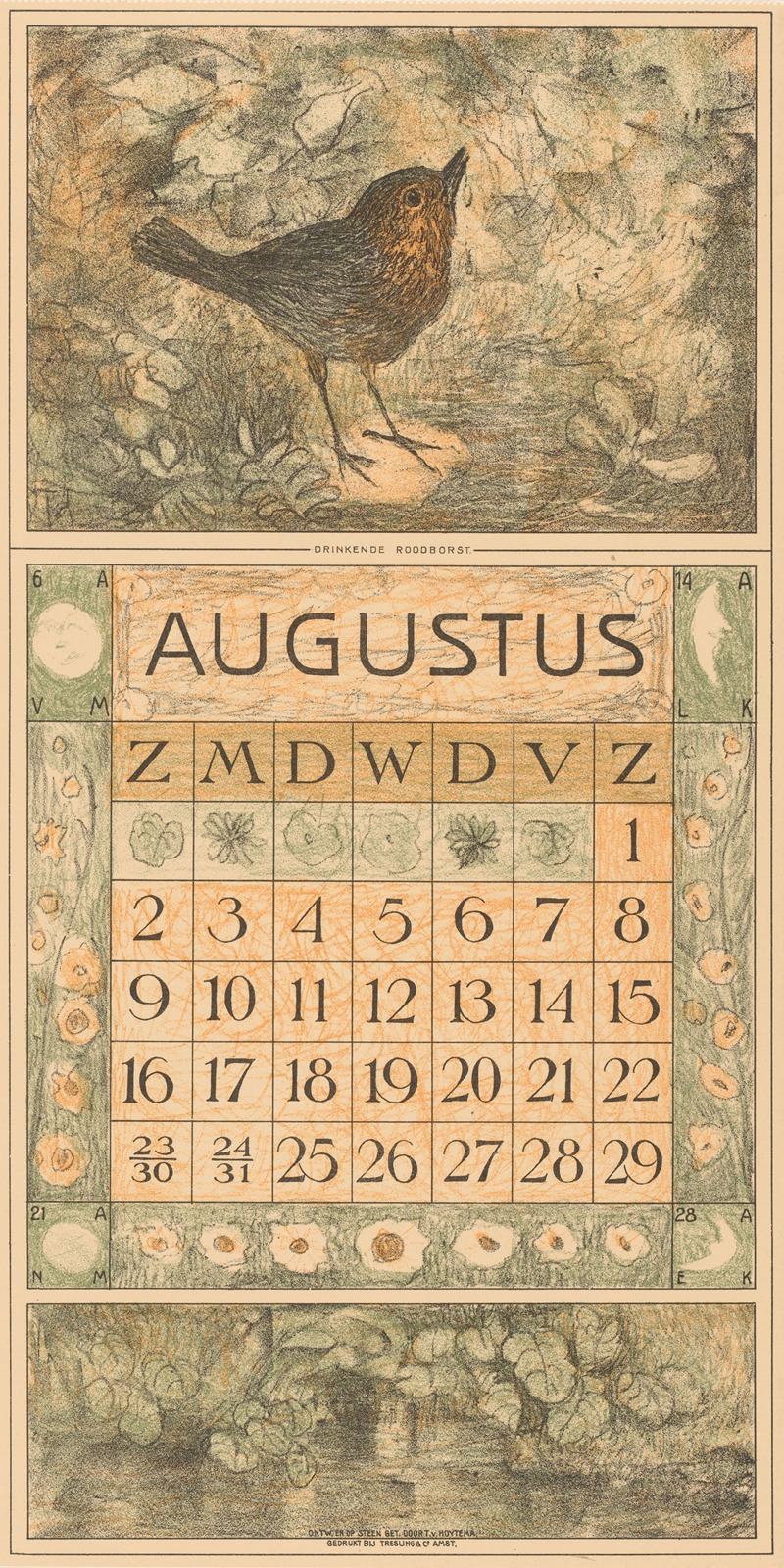 Kalenderblad augustus met roodborstje by Тео ван Хойтема, 1913 — digital art print download