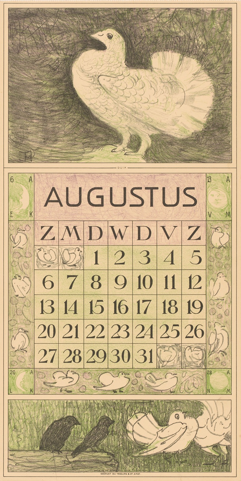 Kalenderblad augustus met witte duif by Тео ван Хойтема, 1915 — digital art print download