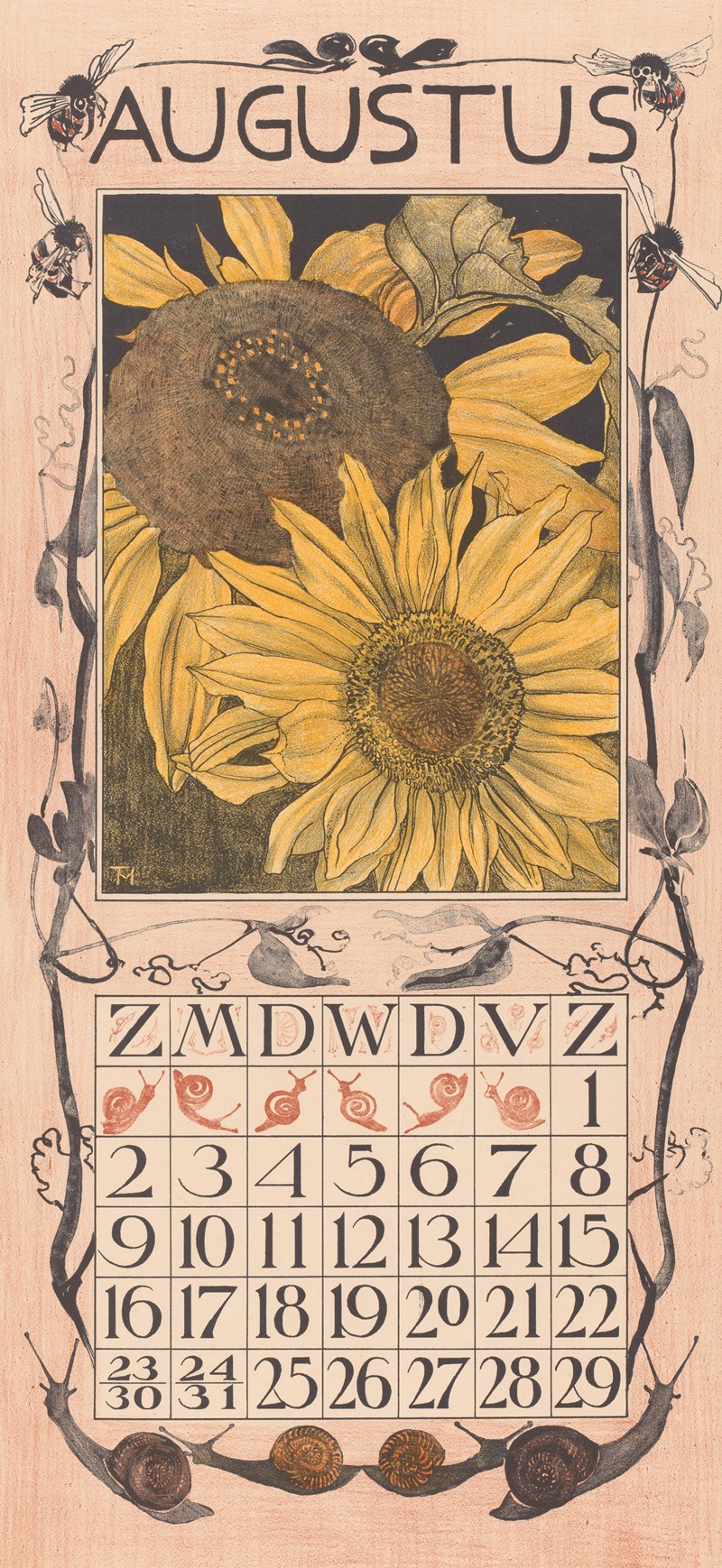 Kalenderblad augustus met zonnebloemen — Theo van Hoytema