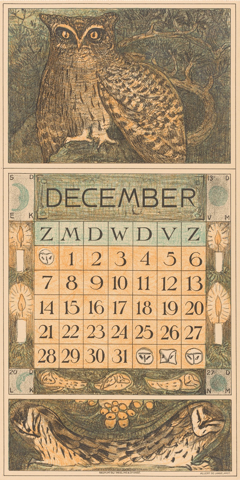 Kalenderblad december met een oehoe — Theo van Hoytema