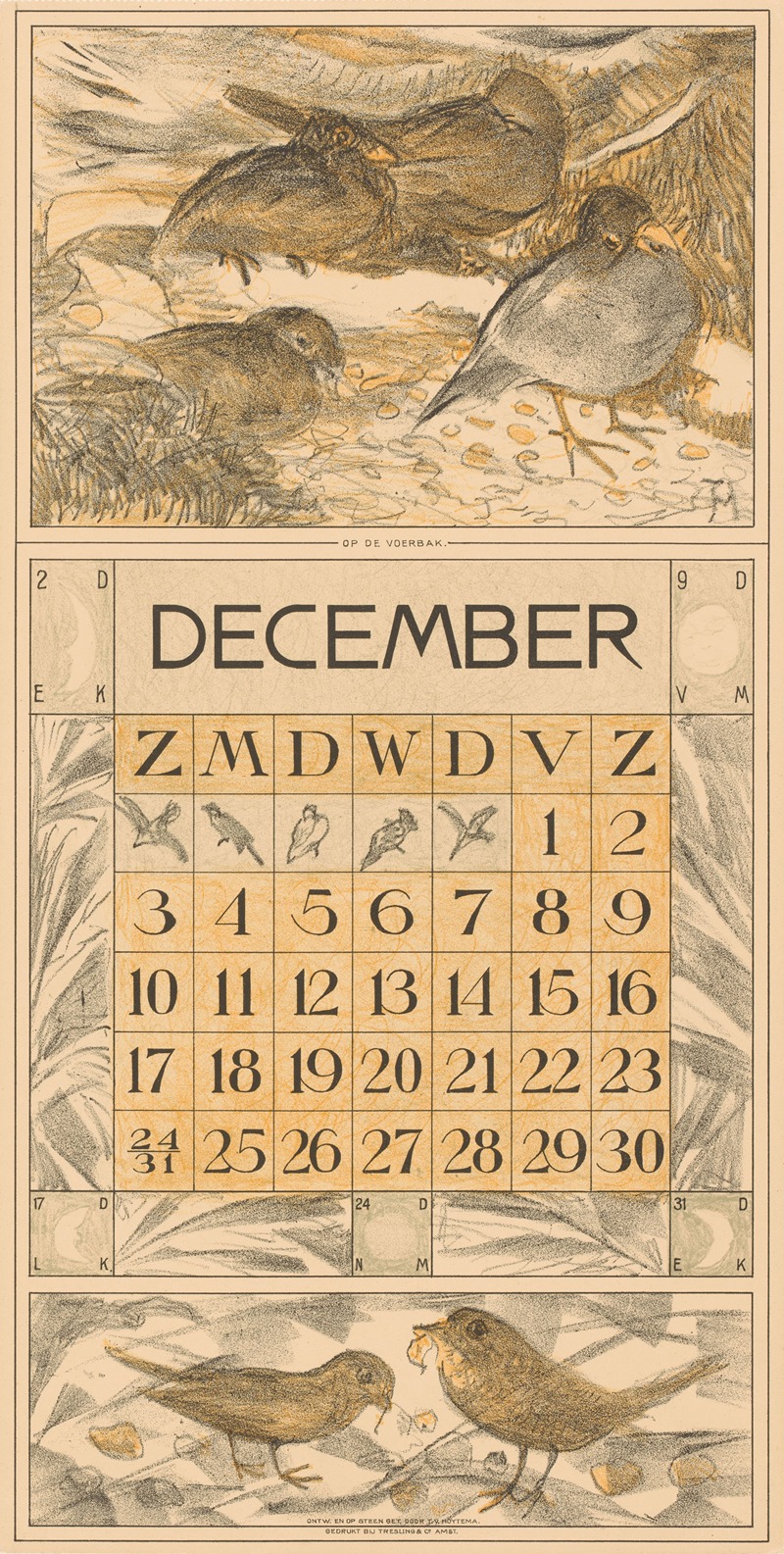 Kalenderblad december met etende vogels — Theo van Hoytema