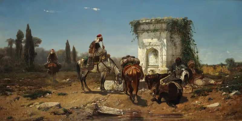Арабы отдыхают у мраморного фонтана by Адольф Шрайер, 1856 — digital art print download