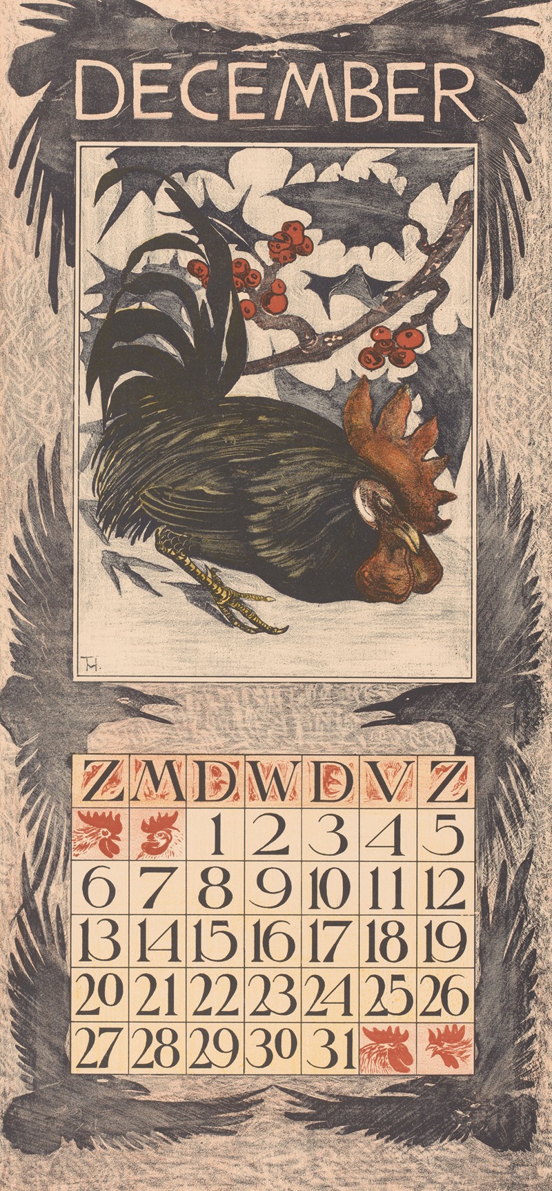Kalenderblad december met haan by Тео ван Хойтема, 1902 — digital art print download