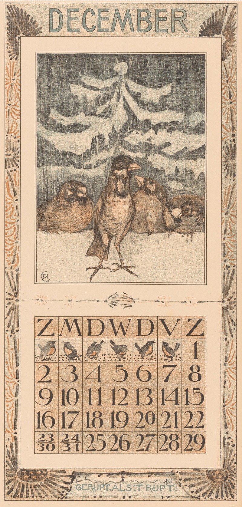 Kalenderblad december met mussen in de sneeuw — Theo van Hoytema
