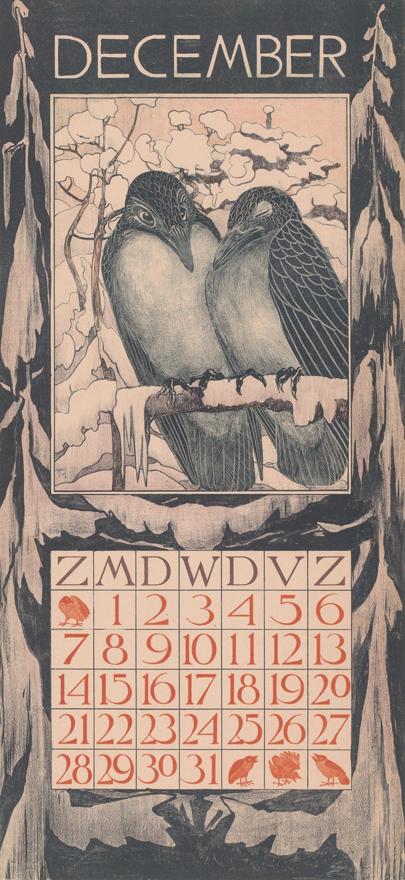 Kalenderblad december met twee vogels — Theo van Hoytema